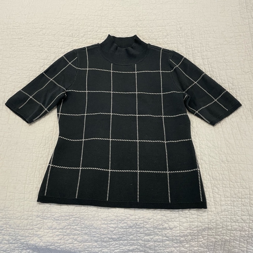 Ann Taylor Mock Neck Sweater Tee Gray White Plaid Womens Medium